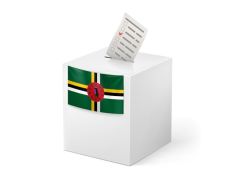 Election in Dominica: ballot box with voting paper on white background