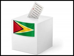Election in Guyana: ballot box with voting paper on white background