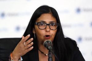 Venezuelan Foreign Minister Delcy Rodriguez speaks to the media during a news conference in Caracas
