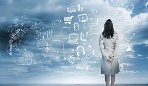 Businesswoman looking out at brainstorm drawings