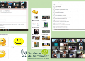 Collage de fotos: se observa un documento google con fotos de personas y un título “registro de acciones”; un recuadro en el centro que agrupa fotos de personas en quehaceres cotidianos; una pregunta ¿te gustaron las propuestas? y tres emoticones:“enojado”, “sonriendo”, “aburrido”; un formulario con opciones; captura de pantalla a plataforma zoom con collage de fotos y logo de “senderos del Sembrador Asociación Civil sin Fines de Lucro” que contiene dos espigas.