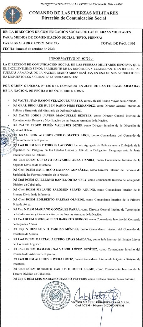Paraguay Mario Abdo Benitez Realiza Cambios En La Alta Cupula Militar Nodal