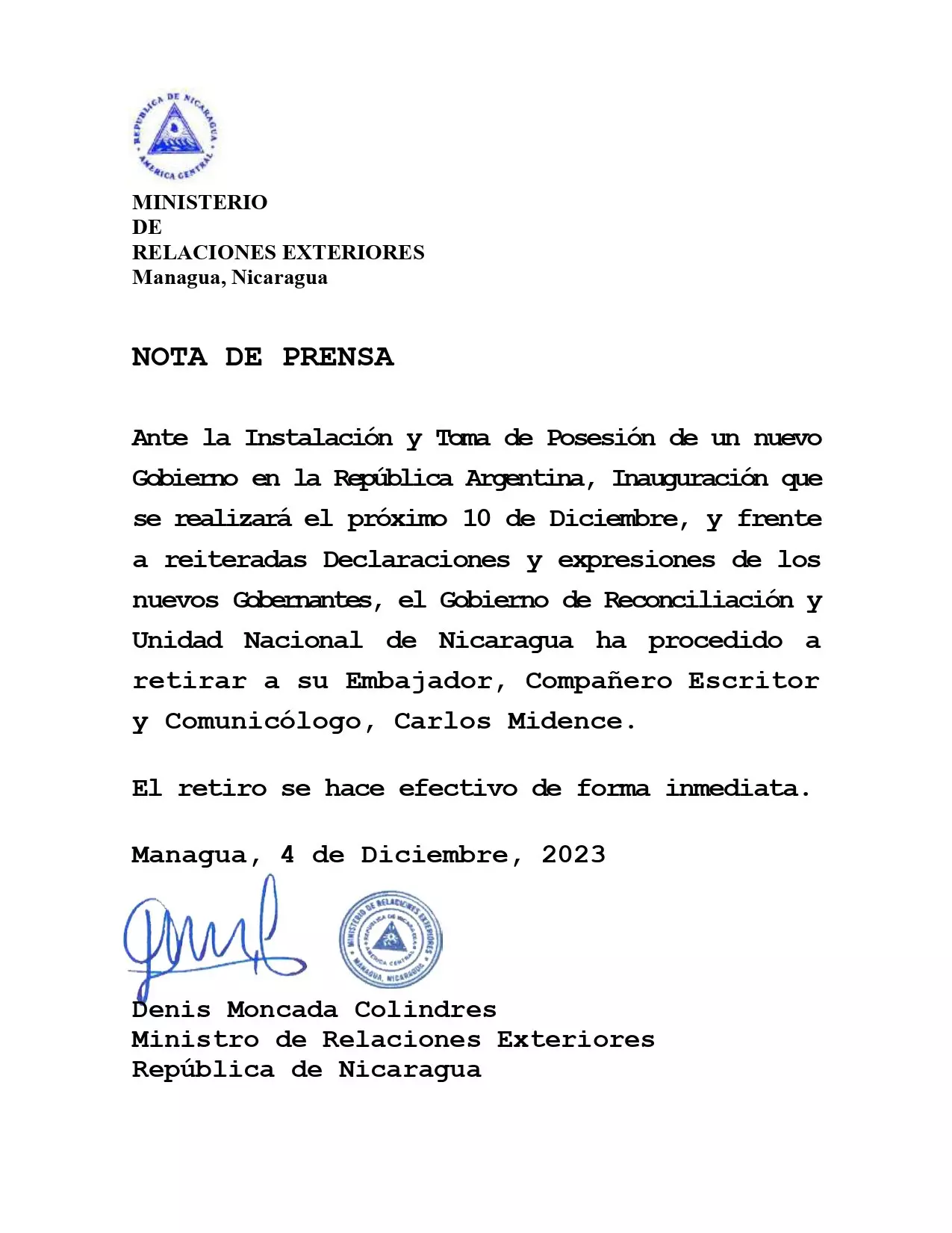 Nicaragua retira a su embajador en Argentina por expresiones del presidente electo Javier Milei - NODAL