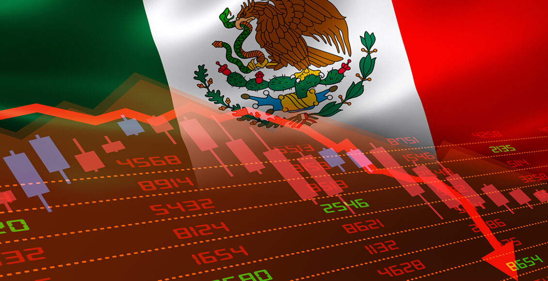 Mexico Flag and Economic Downturn With Stock Exchange Market Indicators in Red